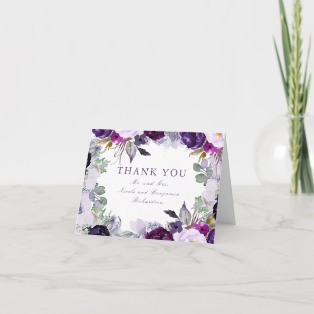 Cartão De Agradecimento Flores Purple Watercolor Casamento Obrigado (Frente)