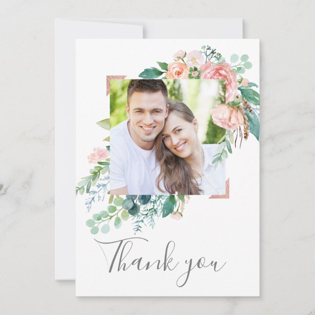 Cartão De Agradecimento Flores Românticas de Penas Foto Obrigado (Frente)