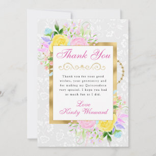 Cartão De Agradecimento Flores Rosa, Amarela e Azul Dourado Quinceanera