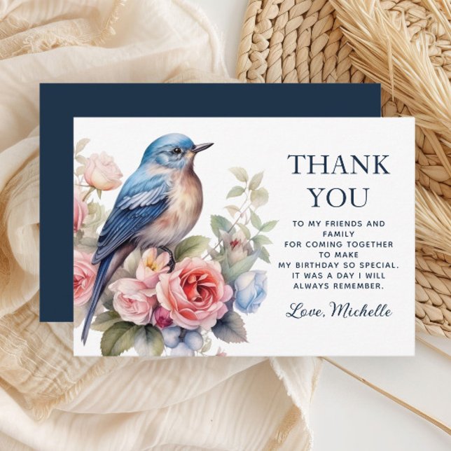 Cartão De Agradecimento Flores Rosa Azul Aniversário Aniversário Obrigado (Blue bird and pink floral birthday party Thank You card)
