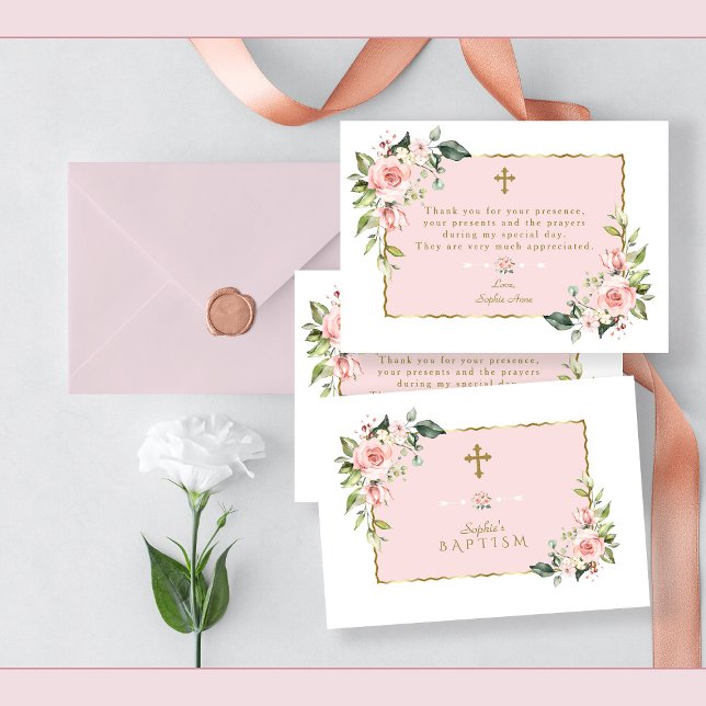 Cartão De Agradecimento Flores Rosa Blush Flores Douradas Frame Cruzado Ba (baptism thank you, pink floral gold baptism thank you card)