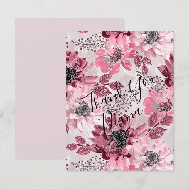 Cartão De Agradecimento Flores rosa, borgonha. (Frente/Verso)