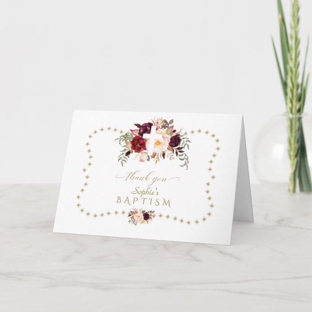 Cartão De Agradecimento Flores Rosa Brilhantes Douradas Batismo Glitter Sp (Frente)
