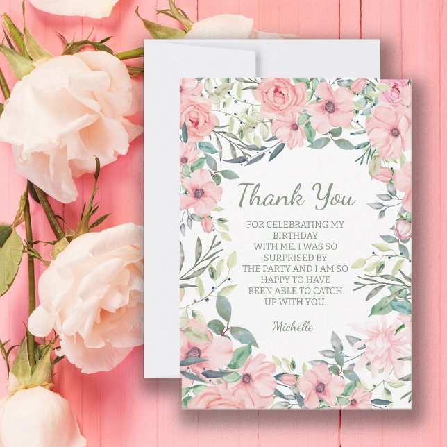 Cartão De Agradecimento Flores Rosa Choque de Aniversário  (Pink floral birthday party "Thank you" card)