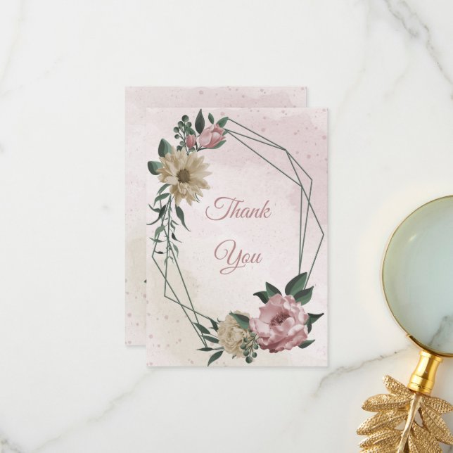 Cartão De Agradecimento flores rosa e champanhe folhas verdes (Frente/Verso In Situ)