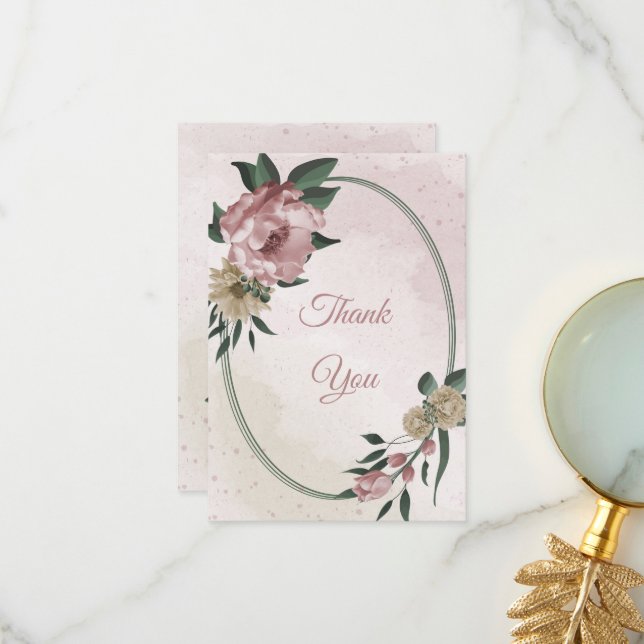 Cartão De Agradecimento flores rosa e champanhe folhas verdes (Frente/Verso In Situ)