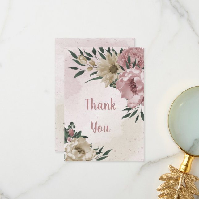Cartão De Agradecimento flores rosa e champanhe folhas verdes (Frente/Verso In Situ)
