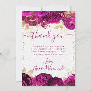 Cartão De Agradecimento Flores Rosa e Dourado em Aquarela Sweet 16