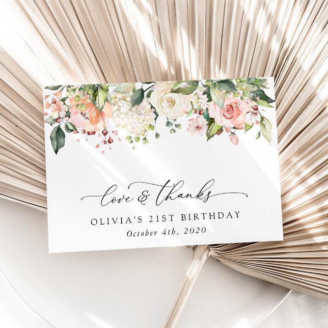 Cartão De Agradecimento Flores Rosa, Flores Brancas, Boho, Aniversário (Criador carregado)