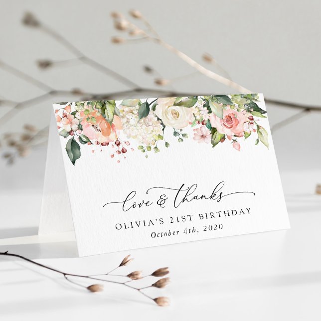 Cartão De Agradecimento Flores Rosa, Flores Brancas, Boho, Aniversário (Criador carregado)