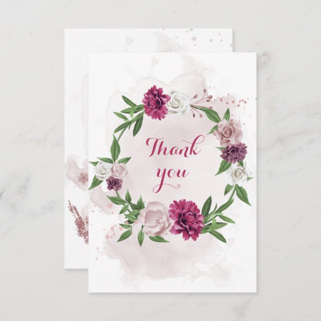 Cartão De Agradecimento flores rosa-mauve flores verde coroa (Frente/Verso)