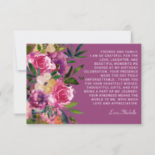 Cartão De Agradecimento Flores Rosa Roxo Aniversário Feminino
