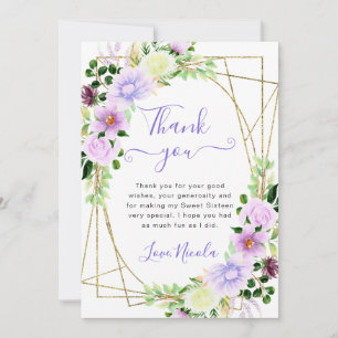 Cartão De Agradecimento Flores Roxas Aquarela Quadro Dourado Sweet 16
