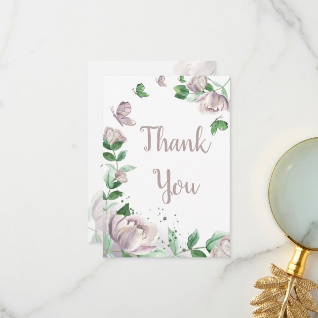 Cartão De Agradecimento flores roxas borboletas casamento (Frente/Verso In Situ)