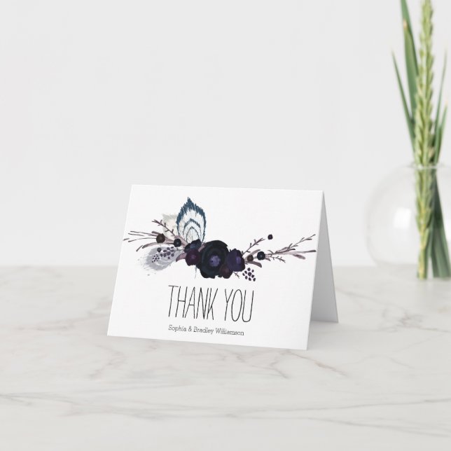 Cartão De Agradecimento Flores roxas e Penas Obrigado (Frente)