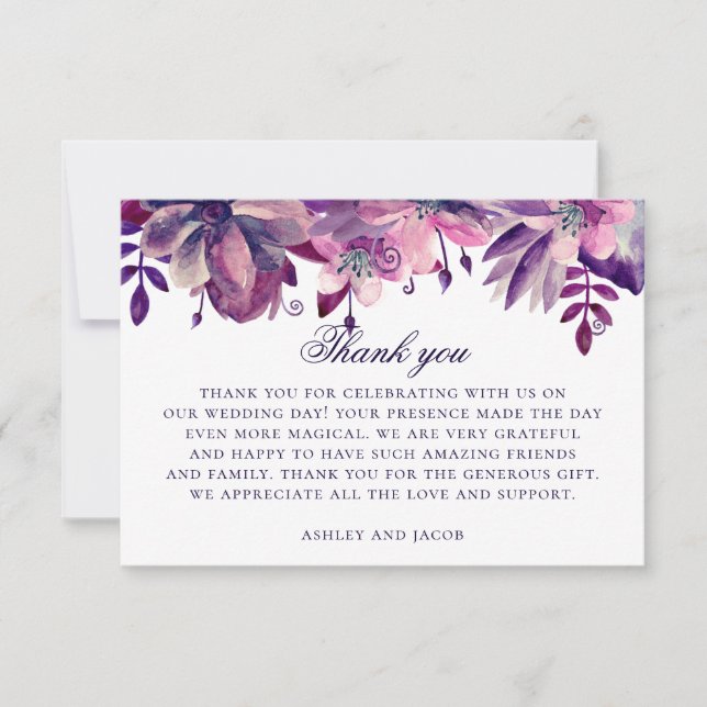 Cartão De Agradecimento Flores roxas e rosadas em aquarela. Casamento flor (Frente)