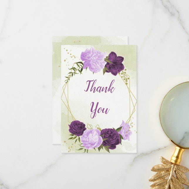 Cartão De Agradecimento flores roxas folhas verdes casamento (Frente/Verso In Situ)