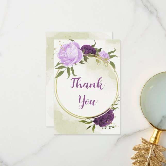 Cartão De Agradecimento flores roxas folhas verdes casamento (Frente/Verso In Situ)