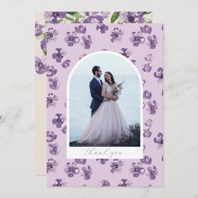 Cartão De Agradecimento Flores Roxas - Foto do Arco de Script Romântico (Frente/Verso)