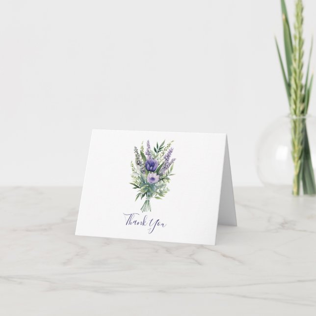 Cartão de agradecimento Flores Roxas Lavanda Folha (Frente)