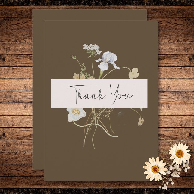 Cartão De Agradecimento Flores selvagens no Casamento Marrom (Wildflowers on Brown Wedding Thank You Card)