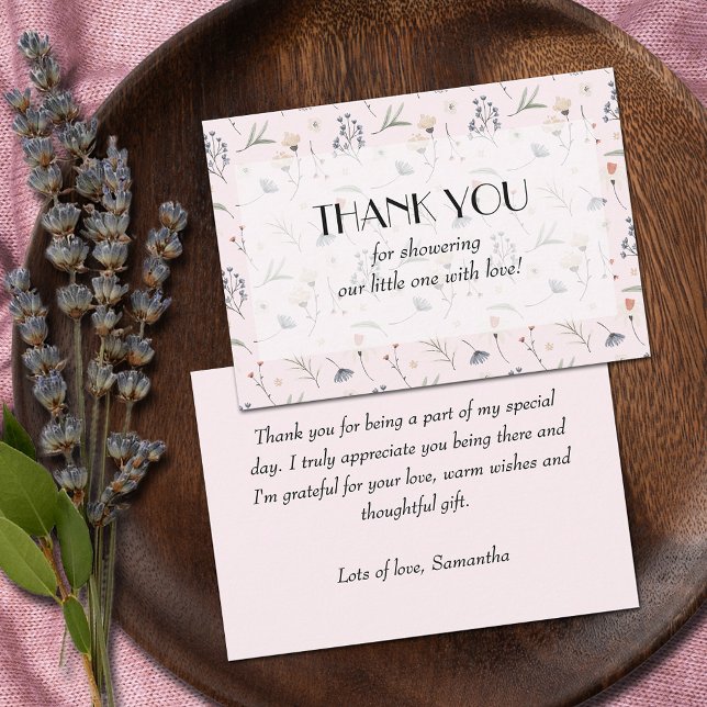 Cartão De Agradecimento Flores selvagens no Chá de fraldas Rosa (Wildflowers on Pink Girl Baby Shower flat Thank You Cards with a message on the back)