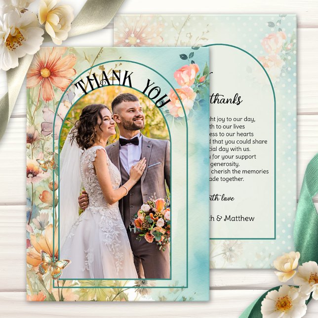 Cartão De Agradecimento Flores Selvagens Vias Aquarelas Foto De Casamento  (Wedding Thank You card featuring your photo framed by a boho chic design with watercolor wildflowers)