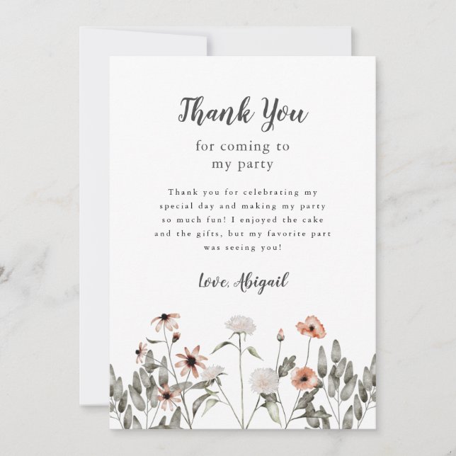 Cartão De Agradecimento Flores silvestres Festa de aniversário rosa (Frente)
