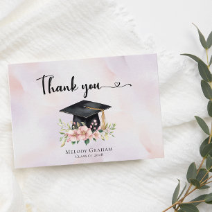 Cartão De Agradecimento Flores Simples de Graduação com Boina Pastel