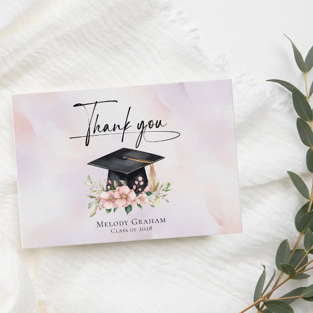 Cartão De Agradecimento Flores Simples de Graduação em Pastel Cap (Criador carregado)