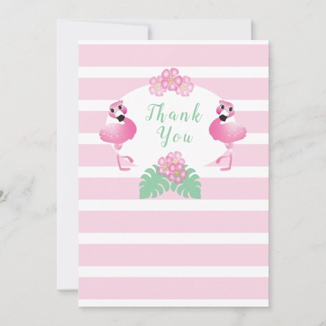 Cartão De Agradecimento Flores Tropicais Flamingas Riscas Rosa (Frente)