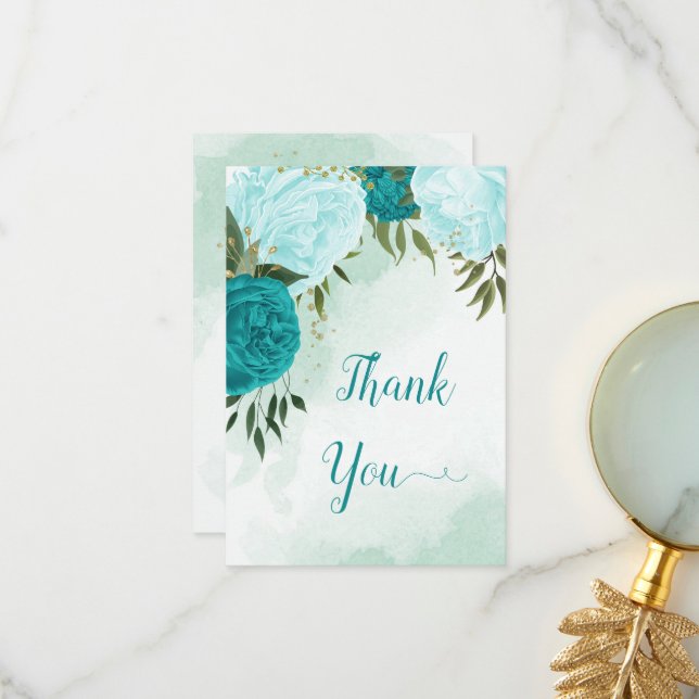Cartão De Agradecimento flores turquesas folhas verdes casamento (Frente/Verso In Situ)