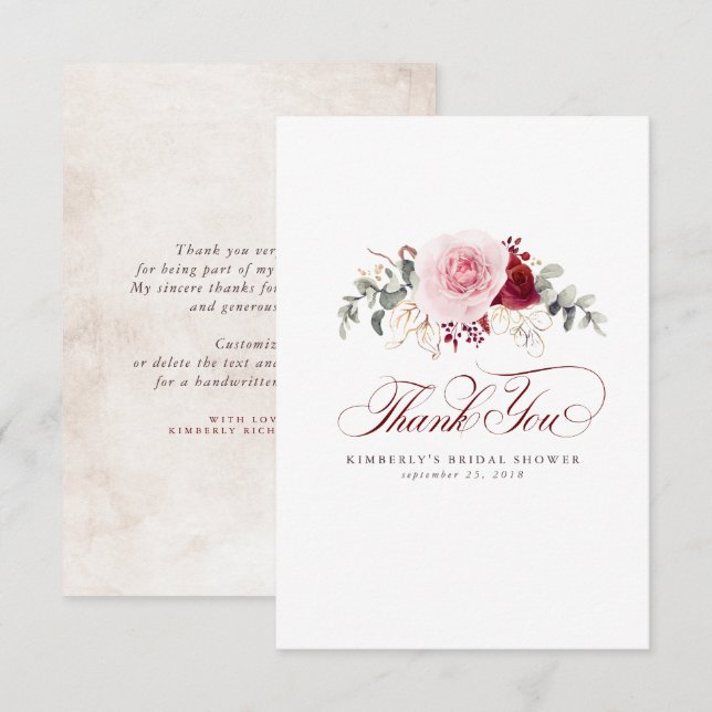 Cartão De Agradecimento Flores Vermelhas Borgonha Elegantes Pequeno Obriga (Frente/Verso)