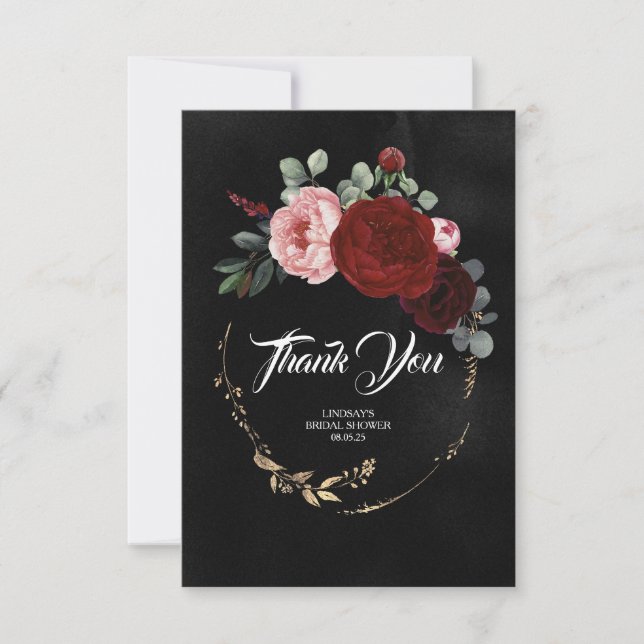 Cartão De Agradecimento Flores Vermelhas Borgonha Preto Obrigado (Frente)