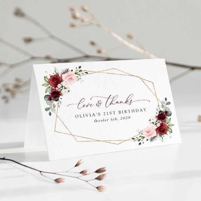 Cartão De Agradecimento Flores Vermelhas Borgonhetas, Flores Rosa, Anivers (Criador carregado)