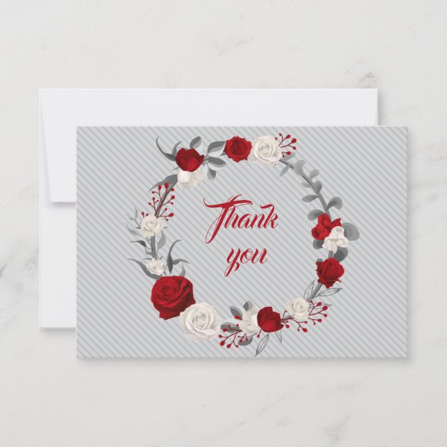 Cartão De Agradecimento flores vermelhas e brancas cinzas (Frente)