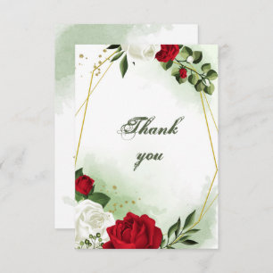 Cartão De Agradecimento flores vermelhas e brancas verdes douradas geométr