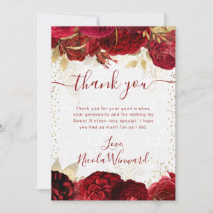 Cartão De Agradecimento Flores Vermelhas e Douradas em Aquarela Sweet 16