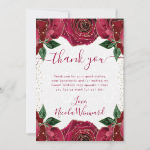 Cartão De Agradecimento Flores Vermelhas e Douradas em Aquarela Sweet 16
