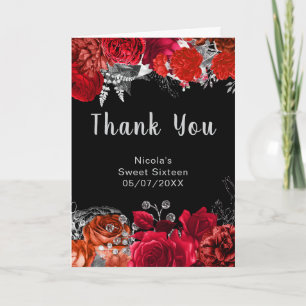 Cartão De Agradecimento Flores Vermelhas e Prateadas Elegantes Sweet Sixte