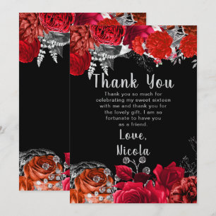 Cartão De Agradecimento Flores Vermelhas e Prateadas Elegantes Sweet Sixte