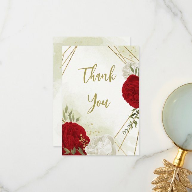 Cartão De Agradecimento flores vermelhas folhas verdes (Frente/Verso In Situ)