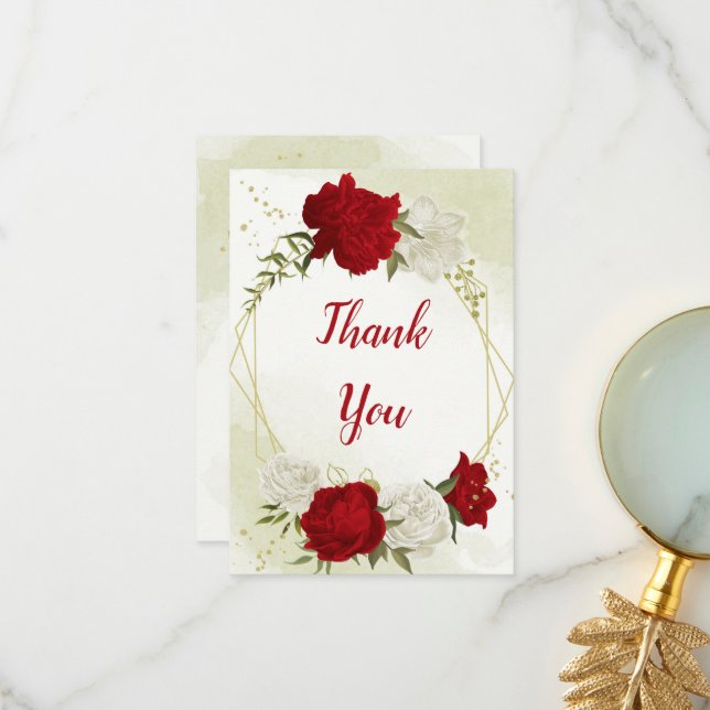 Cartão De Agradecimento flores vermelhas folhas verdes (Frente/Verso In Situ)