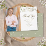 Cartão De Agradecimento Floresta Branca Elegante Primeira Foto Sagrada de<br><div class="desc">Um elegante primeiro cartões de agradecimentos de comunhão sagrado com sua foto especial e uma delicada flor branca enquadrando seu primeiro obrigado de comunhão sagrado que você colocou na elegante tipografia de ouro. Projetado por Thisnotme©</div>