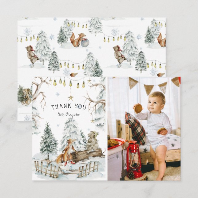 Cartão De Agradecimento Floresta de Madeira Aniversário de inverno Obrigad (Frente/Verso)