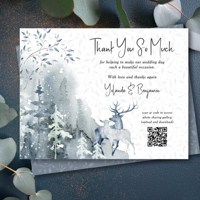 Cartão De Agradecimento Floresta de Neve casamento no inverno e Veado (Thank you card with photo sharing qr code from the Snow Forest wedding collection by Darling & May)