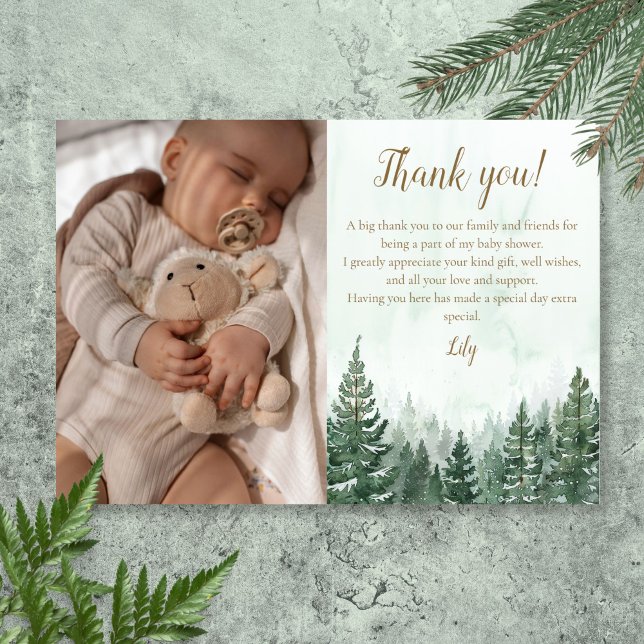 Cartão De Agradecimento Floresta de Pinheiros Rústicos Chuvá de Bebê Foto (Rustic Pine Tree Forest Baby Shower Photo Thank You Card)