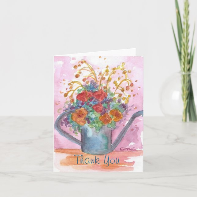 Cartão De Agradecimento Flower Bouquet Antique Watering Can Thank You Card (Frente)