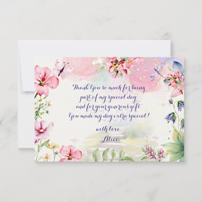 Cartão De Agradecimento Flutuar e girar Jardim de fadas aquarela aniversár (Frente)