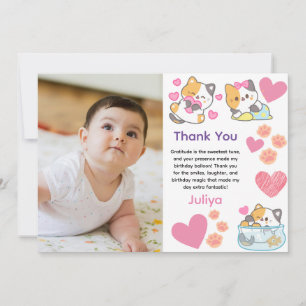 Cartão De Agradecimento Fofa gatinha com foto de menina aniversário
